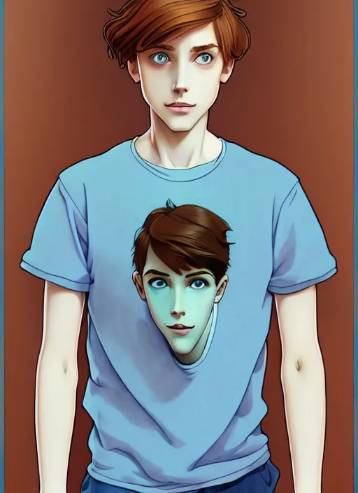 Image similar to art nouveau portrait of a teen boy with completely straight auburn hair, light blue eyes, pale skin, freckles, sad expression, t - shirt, modern casual clothing, natural lighting, path traced, highly detailed, high quality, cartoon, digital painting, by don bluth and ross tran and studio ghibli and alphonse mucha