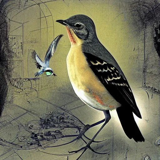 Image similar to a thrush bird wandering within the virtual realms of urban informatics and computational social science, artwork by dave mckean and ivan shishkin