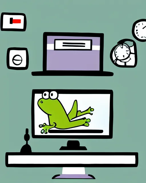 Prompt: photograph of a cartoony frog managing files on his desktop computer, award winning