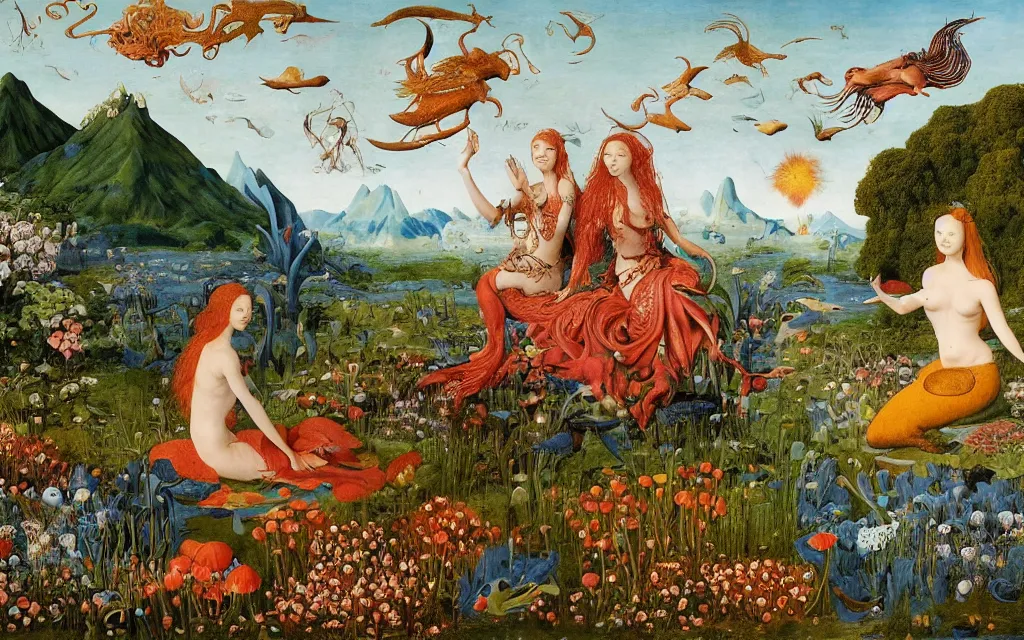 Image similar to a portrait photograph of a meditating mermaid and a centaur king riding birds at a wide river delta. surrounded by bulbous flowers, animals, trees and mushrooms. mountain range under a vast blue sky of burning stars. painted by jan van eyck, max ernst, ernst haeckel and artgerm, cgsociety, artstation, fashion editorial