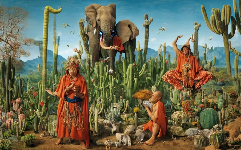 Prompt: a portrait photograph of a meditating elephant shaman and a elephant prince feeding tropical animals at a wide river delta. surrounded by bulbous flowers, animals, trees and cacti. mountain range under a vast blue sky of burning stars. painted by jan van eyck, max ernst, ernst haeckel and artgerm, cgsociety, artstation, fashion editorial