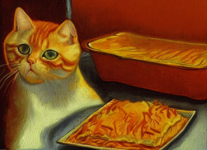 Image similar to detailed realistic realism painting of orange tabby cat eating lasagna at dusk, in the style of vincent van gogh and salvador dali and leonardo da vinci