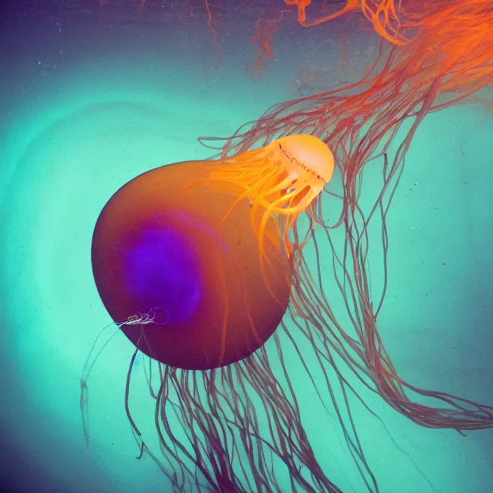 Image similar to a luminescent deep ocean ribbon jellyfish, cestum veneris, playing a vintage fender stratocaster, underwater photography : :
