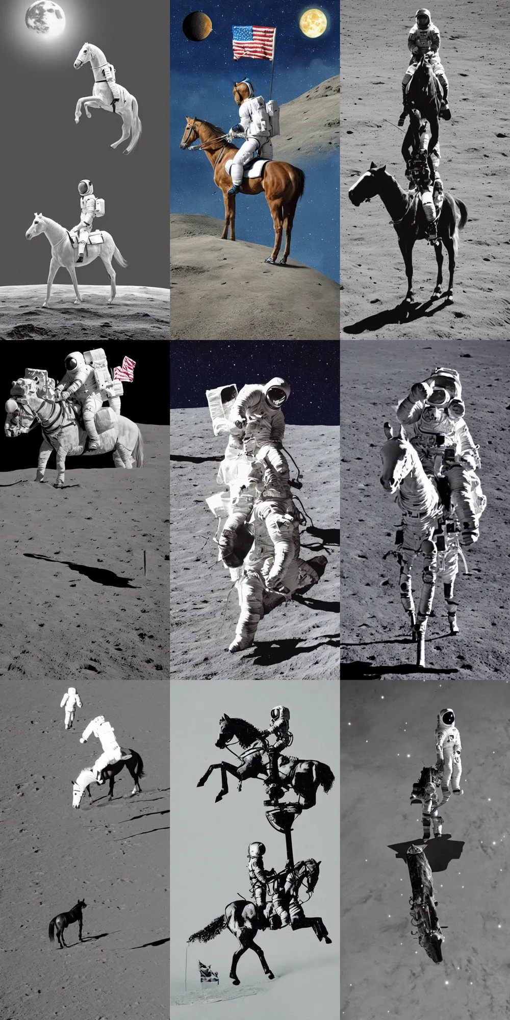 Prompt: horse standing on the back of the astronaut on the moon,