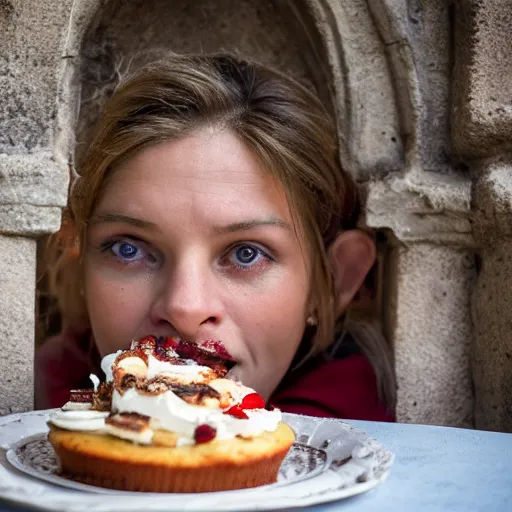 Image similar to closeup portrait of a medieval goblin eating cakes in the cloisters, depth of field, bokeh, zeiss lens, detailed, symmetrical, centered, fashion photoshoot, by annie leibovitz and steve mccurry, david lazar, jimmy nelsson, breathtaking, 8 k resolution, extremely detailed, beautiful, establishing shot, artistic, hyperrealistic, beautiful face, octane render