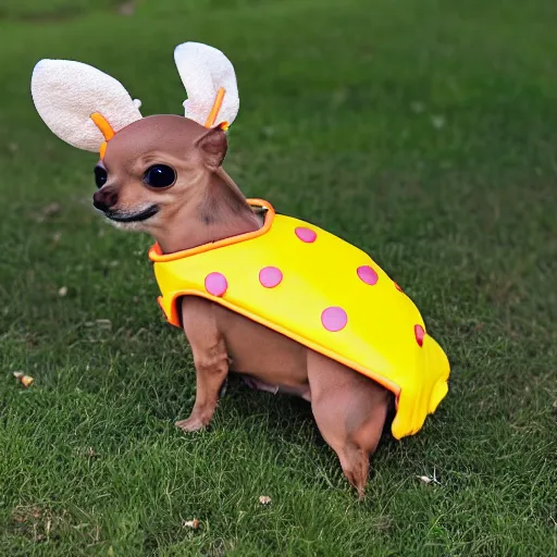 Image similar to photo of mini brown chihuahua in a bowser costume. Post processing , award winning , masterpiece , photo realistic