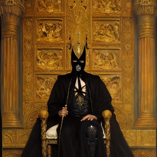 Image similar to full body portrait of black, masked queen in gold gothic robes sitting on a throne of bones, elegant, highly detailed painting by gaston bussiere, craig mullins, j. c. leyendecker, 8 k, mid shot