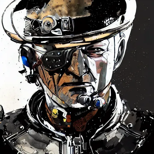 Prompt: highly detailed portrait of a John Wayne space cowboy (John Wayne) with robotic cybernetic enhancements by Dustin Nguyen, Akihiko Yoshida, Greg Tocchini, Greg Rutkowski, Cliff Chiang, 4k resolution, nier:automata inspired, bravely default inspired, vibrant but dreary orange, black and white color scheme!!! ((Space nebula background))
