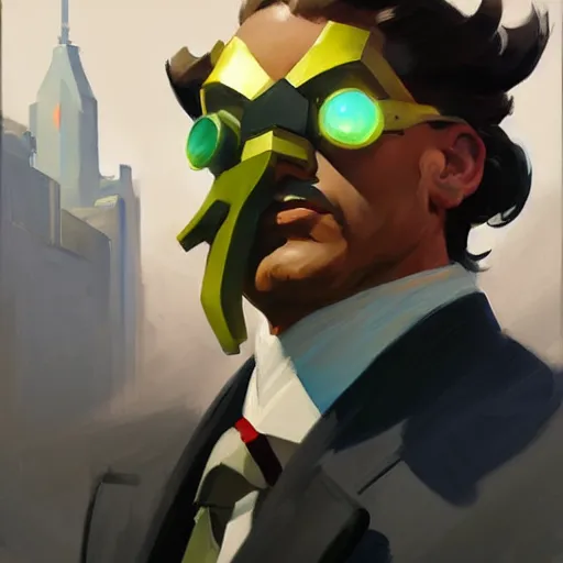 Image similar to greg manchess portrait painting of banker as overwatch character, medium shot, asymmetrical, profile picture, organic painting, sunny day, matte painting, bold shapes, hard edges, street art, trending on artstation, by huang guangjian and gil elvgren and sachin teng