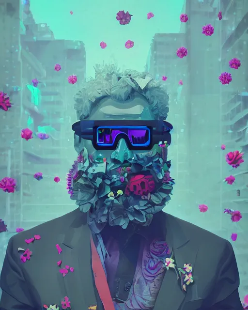 Prompt: a digital painting of a man with flowers in his beard, cyberpunk art by beeple, behance contest winner, retrofuturism, voxel art, # pixelart, dystopian art