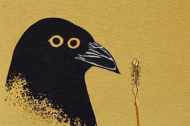 Image similar to beautiful smart crow using a hook, minimalistic golden ink aribrush painting on white background