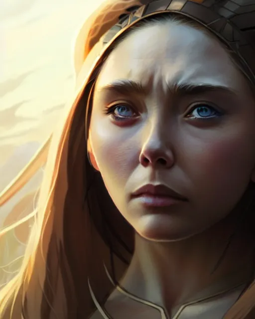 Image similar to azctec warrior, elizabeth olsen, detailed perfect face, exquisite details, fire magic, mid view, design on a white background, by studio muti, greg rutkowski makoto shinkai takashi takeuchi studio ghibli