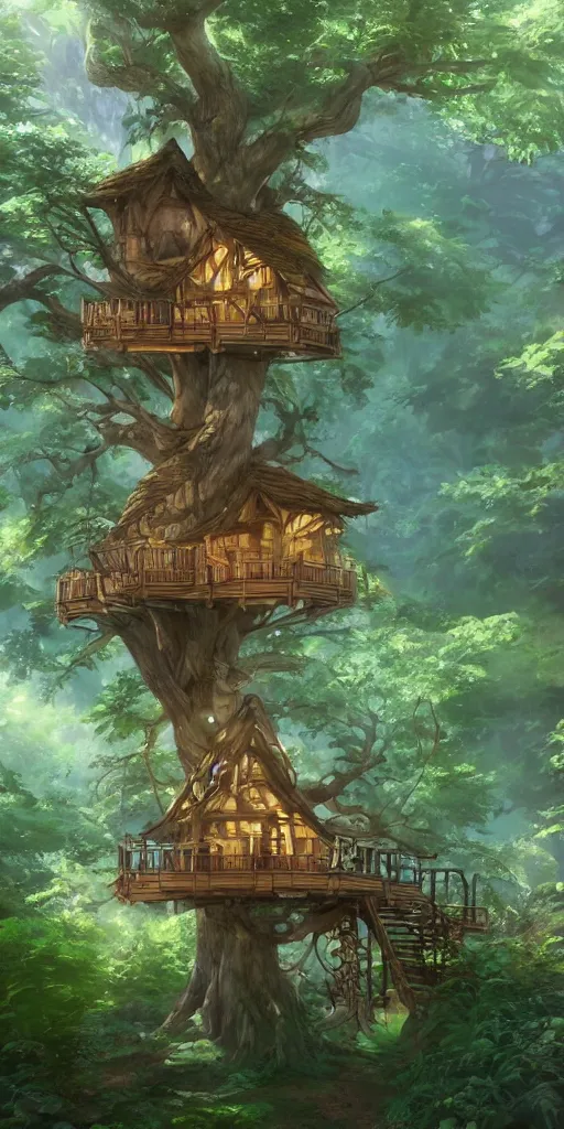 Image similar to beautiful tree house on a forest path, beautiful ancient trees, hiding large treasure chest, serene evening atmosphere, soft lens, soft light, cel - shading, animation, in the style of cgsociety, deviantart, artstation, zbrush, cinema 4 d, studio ghibli, akihiko yoshida, atelier lulua, masamune shirow