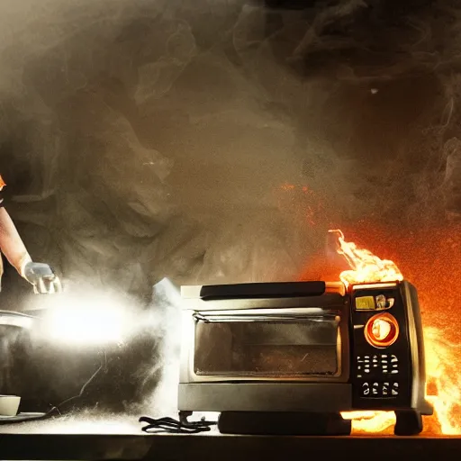 Image similar to cyborg toaster oven repairman, dark messy smoke - filled cluttered workshop, dark, dramatic lighting, orange tint, sparks, plasma rays, cinematic, highly detailed, sci - fi, futuristic, movie still, rule of thirds composition