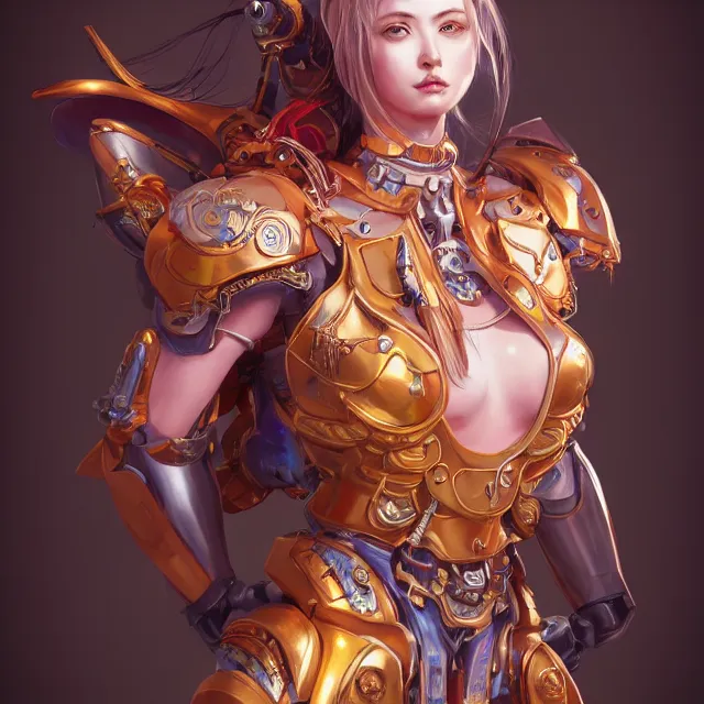 Image similar to studio portrait of lawful good colorful female holy mecha paladin absurdly beautiful, elegant, young sensual graceful woman, ultrafine hyperrealistic detailed face illustration by kim jung gi, irakli nadar, intricate linework, sharp focus, bright colors, matte, octopath traveler, final fantasy, unreal engine highly rendered, global illumination, radiant light, intricate environment