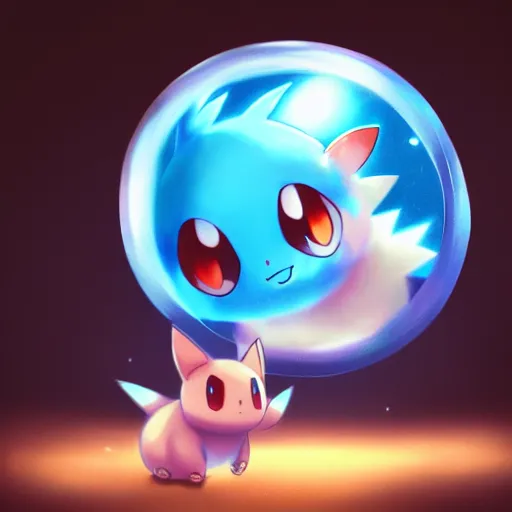 Prompt: cinematic portrait of cute Pokemon Mew riding large blue bubble, oil on canvas, masterpiece, trending on artstation, featured on pixiv, cinematic composition, dramatic pose, beautiful lighting, sharp, details, hyper-detailed, HD, HDR, 4K, 8K
