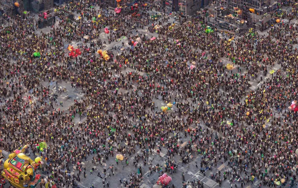 Prompt: photograph a crowd of people connected to a mammoth algorithm machine. new york thanksgiving parade by shaun tan, slim aarons, zhang kechun, national geographic. octane render. in the style of the fifth element, cyberpunk 2 0 4 9.