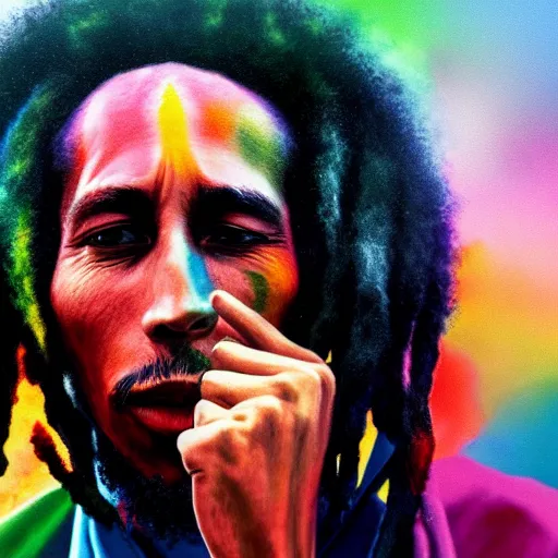 Image similar to colour masterpiece surreal closeup portrait photography of bob marley, highly detailed, smoke background, artstation, octane rendering, 8 k