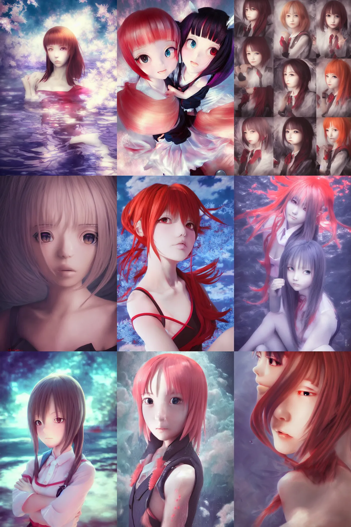 Prompt: 3d infrared octane render portrait by hiro kiyohara of beauty anime schoolgirls under dark infrared water. ultra pretty anime face. dramatic light, trending on artstation, art by hayao miyazaki oil painting.