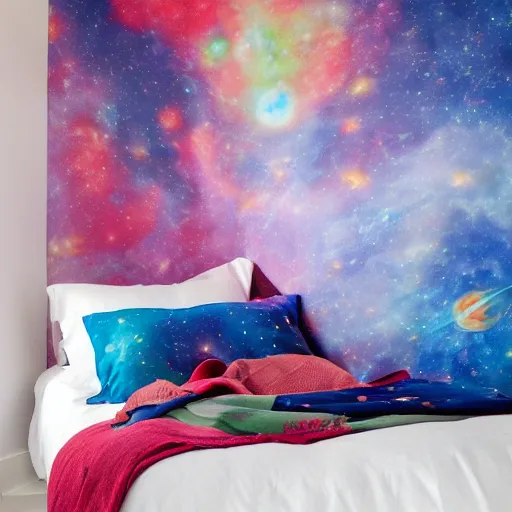 Prompt: Liminal space in outer space!!!!!, bed cover in a room with colorful walls