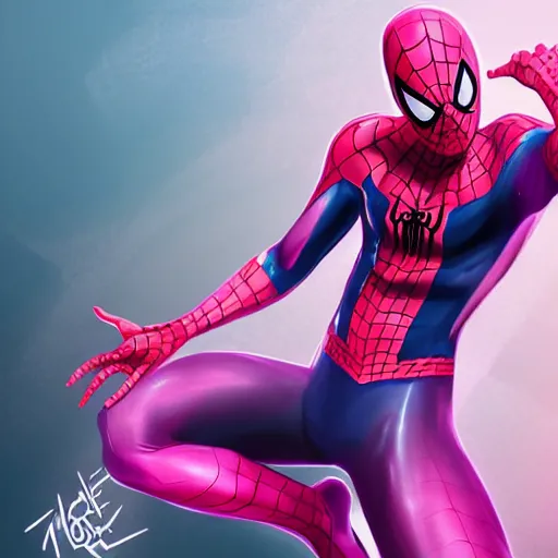 Image similar to splash art of a cool beautiful pink spiderman in a stylish pose in the style of the league of legends splash art, digital art by Michelle Hoefener