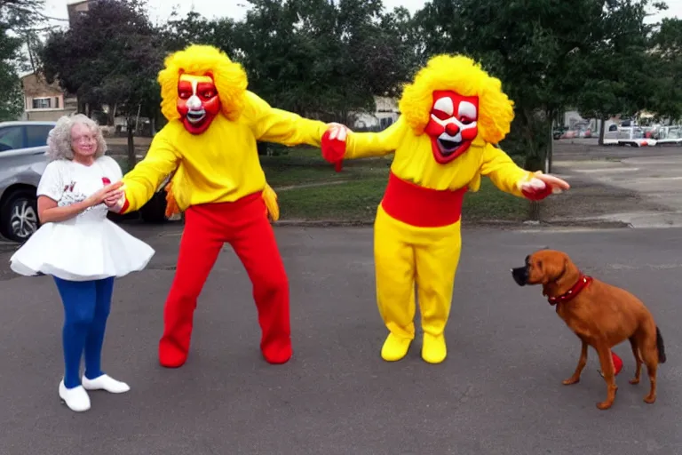 Image similar to dog dancing with ronald mcdonald