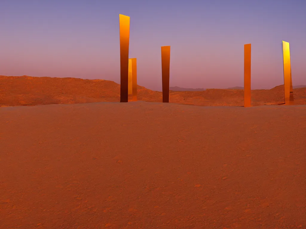 Image similar to a serene landscape of three giant, abstract, brightly - colored metallic obelisks in the desert at sunset