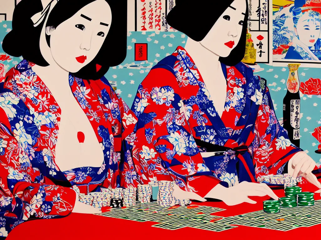 Image similar to hyperrealism composition of the detailed single woman in a japanese kimono sitting at an extremely detailed poker table with stormtrooper, fireworks, river on the background, pop - art style, jacky tsai style, andy warhol style, acrylic on canvas