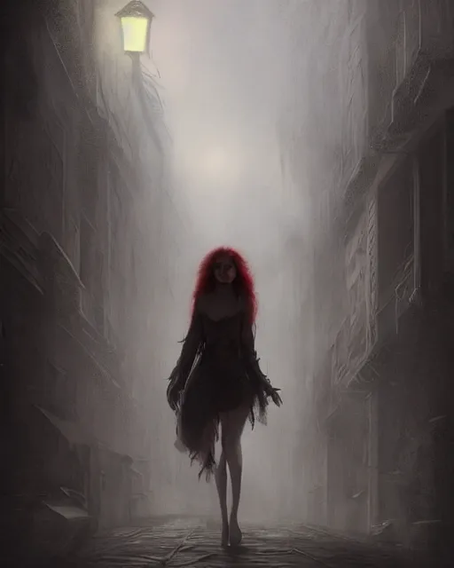 Prompt: A ultradetailed eerie beautiful matte painting of a dangerous redhaired woman walking towards me in a dark alley at night by tom bagshaw concept art, trending on deviantart, illustration, film noire.