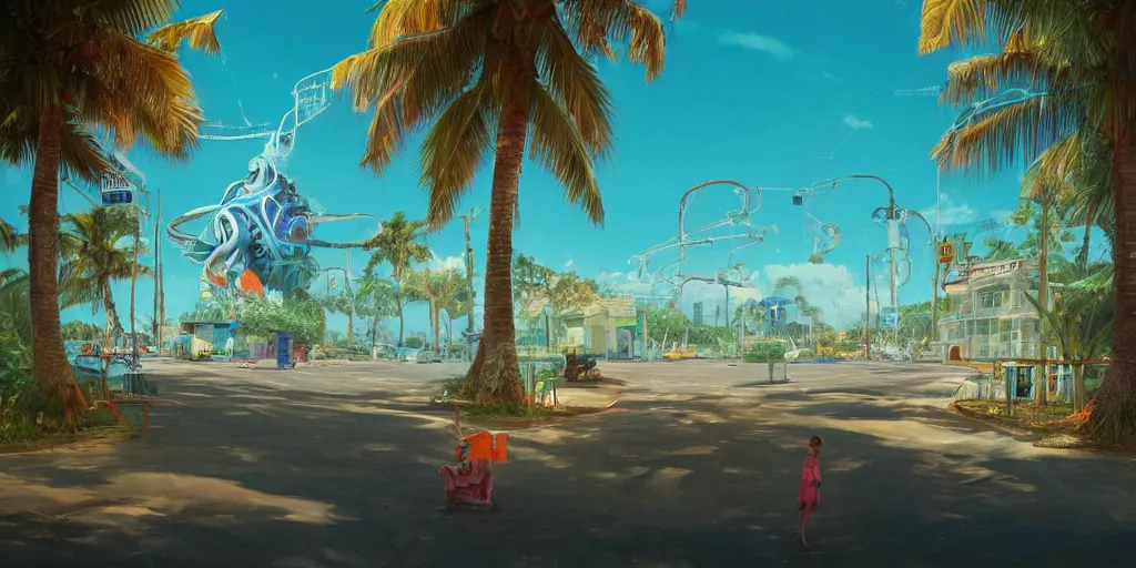 Prompt: a tropical seaside street view with a giant weird creaturesimon stalenhag, highly detailed, digital art, realistic, trending on artstation, 4 k