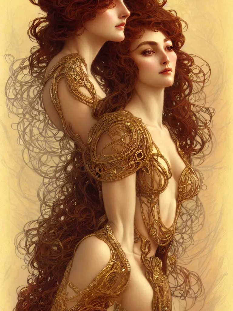 Image similar to character portrait of a woman, tall, feminine, powerful, modestly clothed, voluminous, intricate, elegant, highly detailed, digital painting, artstation, smooth, symmetrical, sharp focus, illustration, art by gaston bussiere and alphone mucha