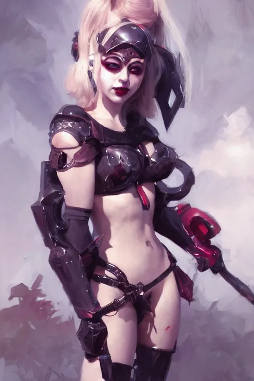 Prompt: portrait of cute succubus Harley Quinn in bikini armor, dc comics, cyberpunk, Warhammer 40000, dark fantasy, digital art from artstation by Ruan Jia and Mandy Jurgens and Artgerm and william-adolphe bouguereau