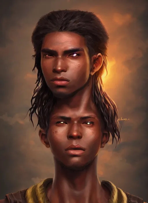 Image similar to An epic fantasy comic book style portrait painting of a young dark skinned long haired boy peasant with intelligent eyes, unreal 5, DAZ, hyperrealistic, octane render, cosplay, RPG portrait, dynamic lighting