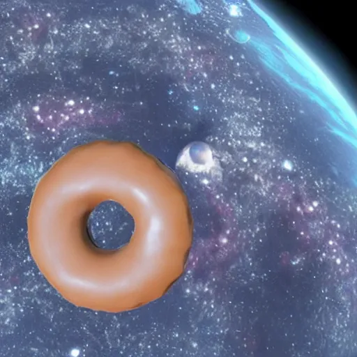 Prompt: humans discovering a lush donut shaped planet in deep space