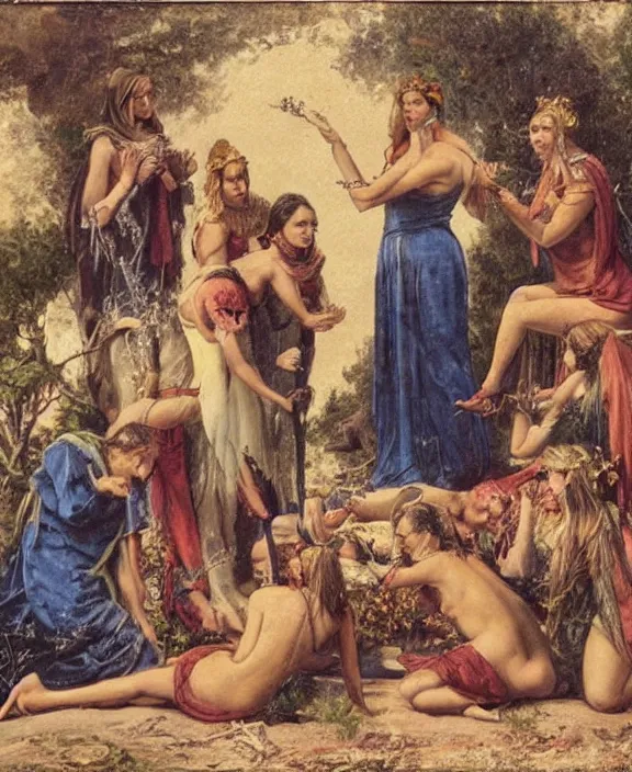 Image similar to a group of pagan female sorcerers performing a fertility ritual