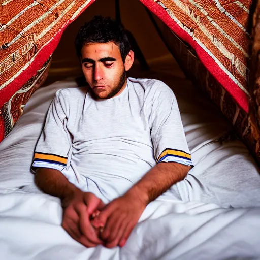 Image similar to Photograph of Surprised 25 year old man with Mediterranean features in ancient Canaanite clothing wakes up in bed, shocked looking at his sleeping wife. Interior ancient tent. 40mm lens, shallow depth of field, split lighting