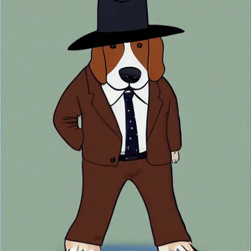 Image similar to a beagle wearing a business suit and fedora, by moebius