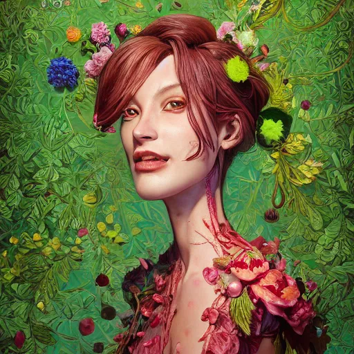 Prompt: the portrait of an absurdly beautiful, graceful, elegant, sophisticated, dignified woman made of strawberries and green petals looking up, an ultrafine hyperdetailed illustration by kim jung gi, irakli nadar, intricate linework, bright colors, octopath traveler, final fantasy, unreal engine 5 highly rendered, global illumination, radiant light, detailed and intricate environment