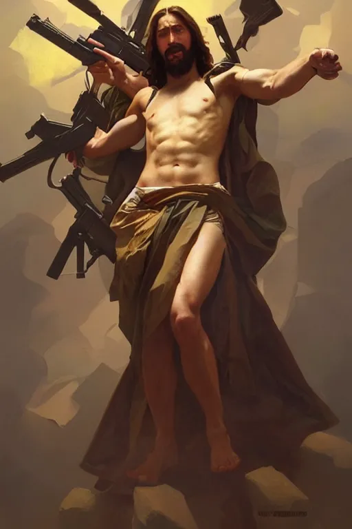 Prompt: jesus christ wielding guns, in an action pose, realistic portrait, symmetrical, highly detailed, digital painting, artstation, concept art, smooth, sharp focus, illustration, cinematic lighting, art by artgerm and greg rutkowski and alphonse mucha