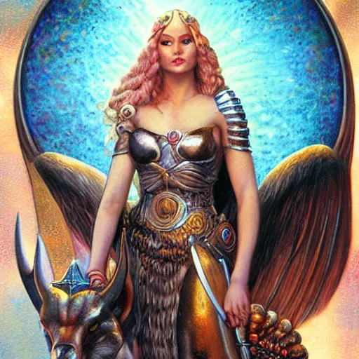 Image similar to valkyrie, norse goddess, volumetric light, global illumination, by karol bak, by lisa frank