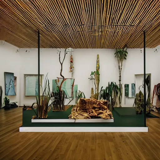 Image similar to a portrait photography of an exhibition room with an arrangement of elements / anthropological conceptual object / tropicalism / ( ( ( ( ( ( ( ( ( ( ( ( ( ( ( ( brutalism ) ) ) ) ) ) ) ) ) ) ) ) ) ) ) ) / animism, grain / shades / highly detailed / fujifilm x - t 3 0