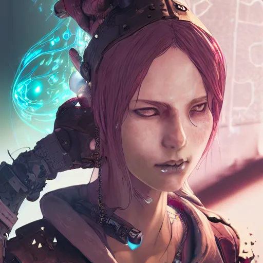 Image similar to highly detailed portrait of a post-cyberpunk punk young lady by Akihiko Yoshida, Greg Tocchini, 4k resolution, league of legends inspired, arcane, nier:automata, pastel pink, light blue, brown, white and black color scheme with graffiti