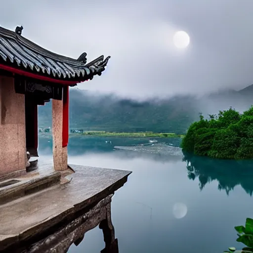 Prompt: there is a village on the crescent moon. the clouds and mist surround it. the clouds form a waterfall and pour into the lake below. the lake is also like a broad mirror, reflecting the crescent moon and the village. village building is an ancient chinese building, covered with glazed tiles and white marble pillars, gauze curtain fluttering.