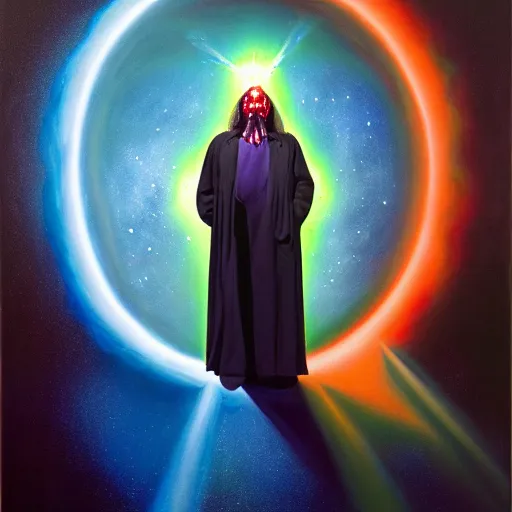 Prompt: peer into the depths of the endless cosmic void, shine a light on your darkest terror. the wizard claybore, robert vardeman oil on canvas, photographic hyperrealism