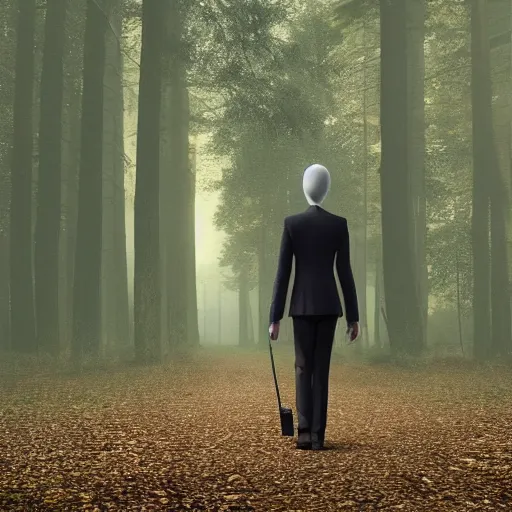 Image similar to slenderman walking with a women throw forest ultrarealistic 8k