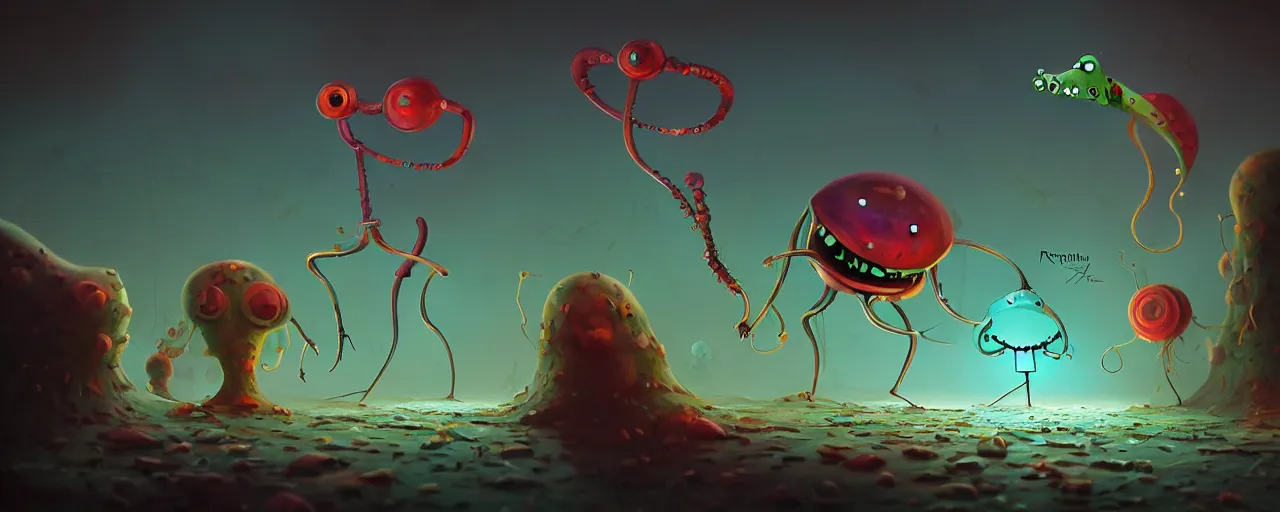 Image similar to wild whimsical plankton mutants from the depths of a wasteland deep in the imaginal realm, dramatic lighting, surreal fleischer cartoon characters, shallow dof, surreal painting by ronny khalil