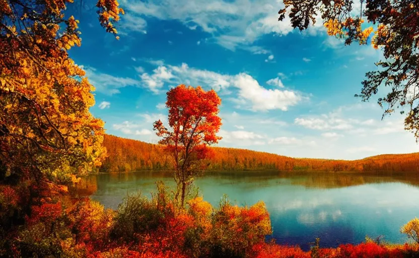 Prompt: A majestic Landscape on an alien planet filled with Colorful trees and a lake