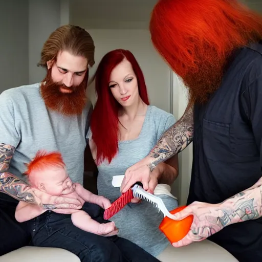 Image similar to photo of a slender attractive couple. The woman has long straight red orange hair. The man has a dark thick neatly groomed beard and tattoos. The man is giving the woman a haircut while she feeds a baby.