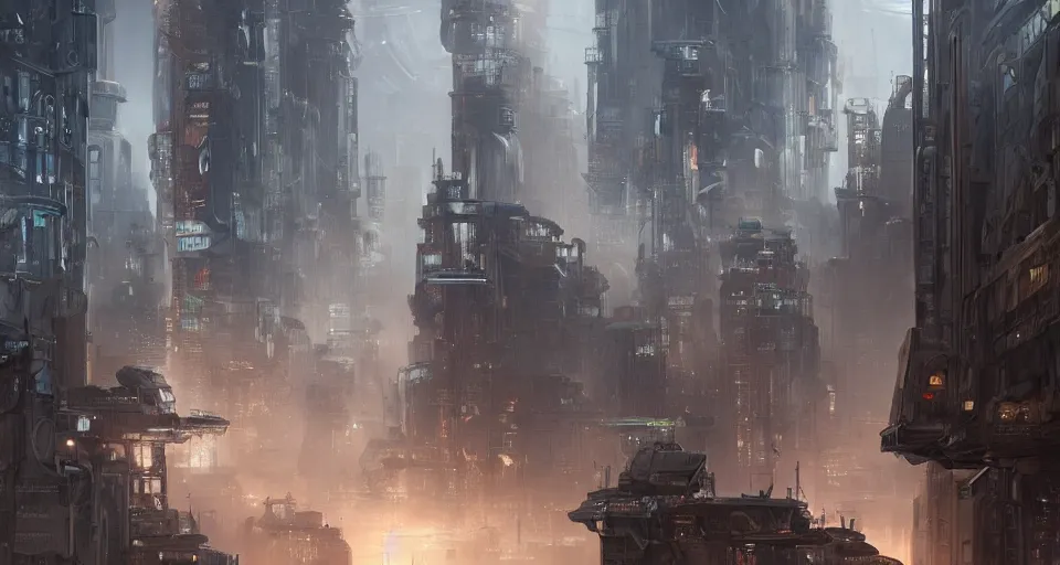 Prompt: hyper realistic sci - fi matte concept art painting of city made from giant stacks of disks, beautiful details, strong composition painted by andree wallin, smooth, intricate, detailed, sharp focus, cinematic