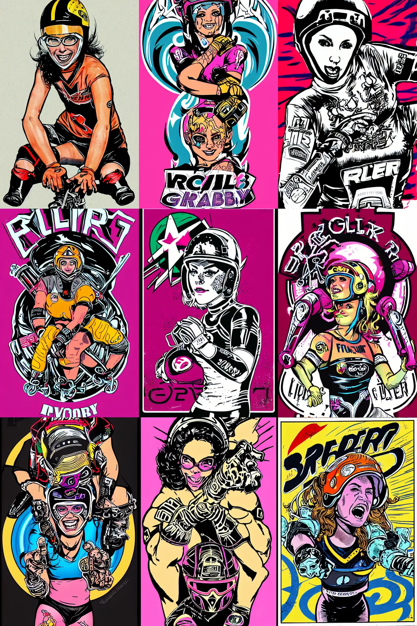 Prompt: roller derby girl portrait, logo, wearing helmet, wearing knee and elbow pads, showing victory, Philippe Caza